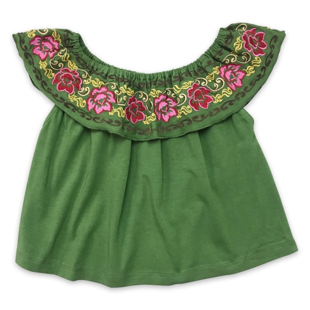 Green Embroidered Floral Kids Top